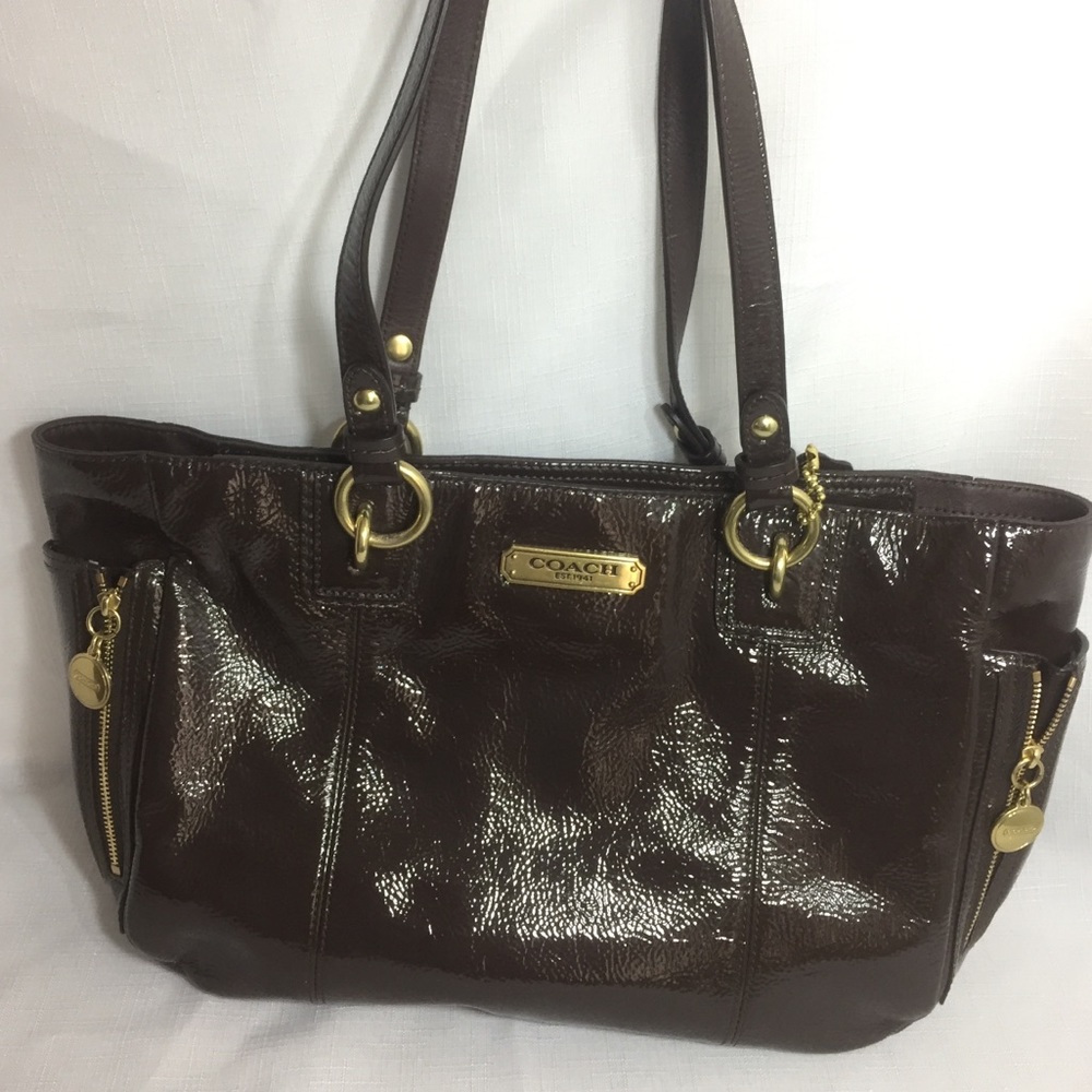 Brown patent leather coach bag purse tote